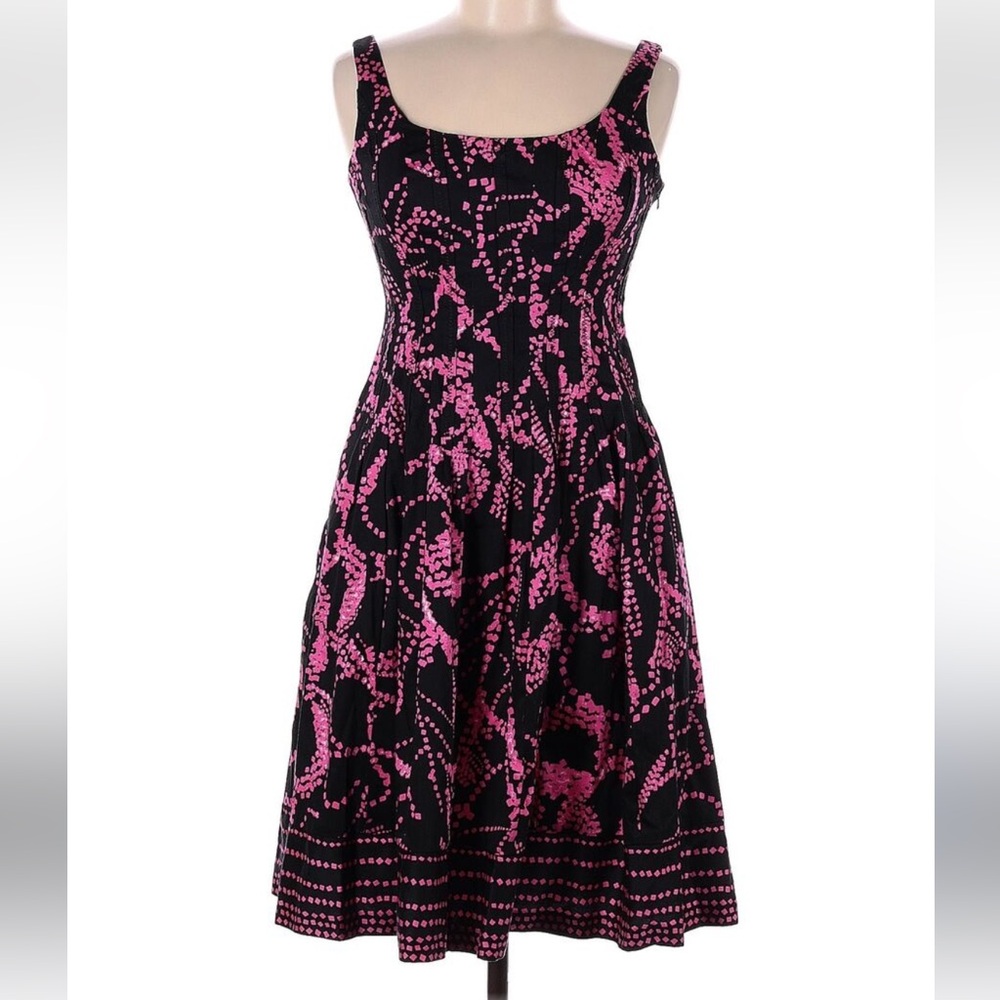 •JONES NEW YORK•PINK & BLACK COTTON ABSTRACT GEOMETRIC CLASSY MIDI DRESS SIZE 10